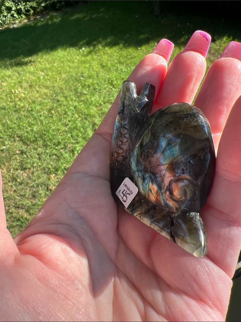 Handheld Labradorite Snail Figurine - Iridescent Blue-Green - Picture 6 of 6